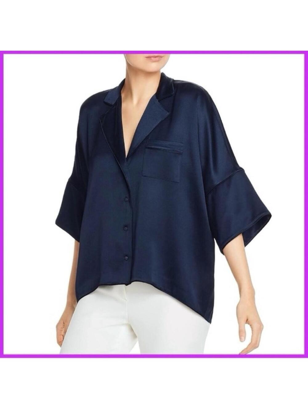Joie Desmonda Oversized Satin Button Down in the midnight navy colorway.